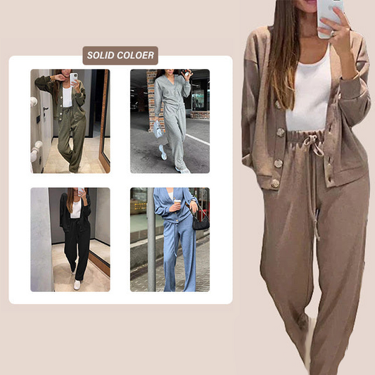 Women's Knitted Buttoned Jacket + Pants Two-piece Set