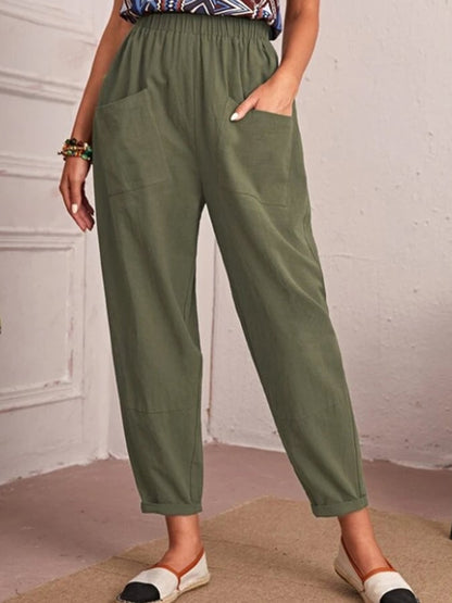 New Women's Cotton Linen Elastic Waist Casual Pants with Pockets