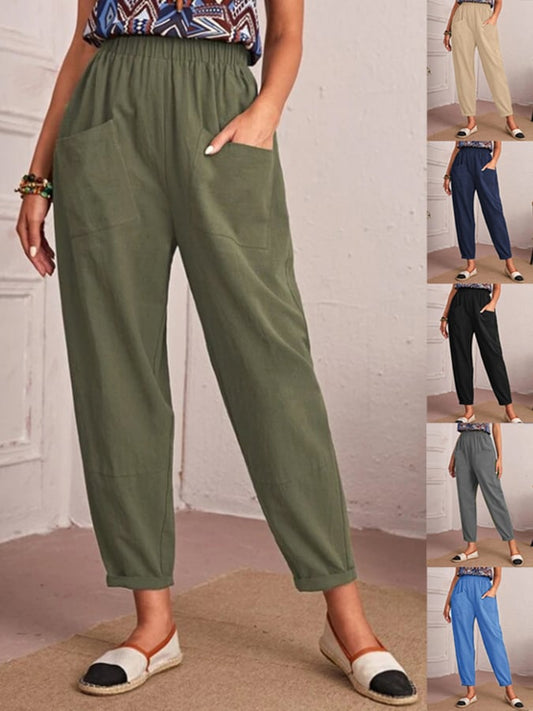 New Women's Cotton Linen Elastic Waist Casual Pants with Pockets