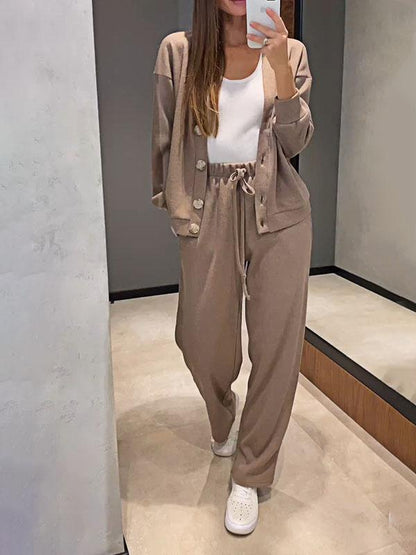 Women's Knitted Buttoned Jacket + Pants Two-piece Set