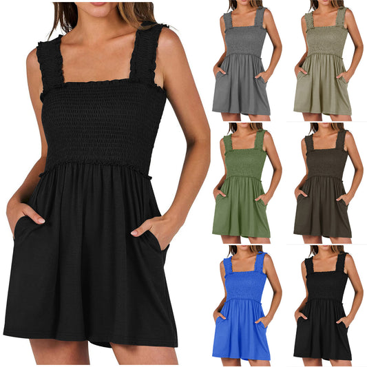 Women's Square Neck Sleeveless Summer Rompers with Pockets (Free Shipping)