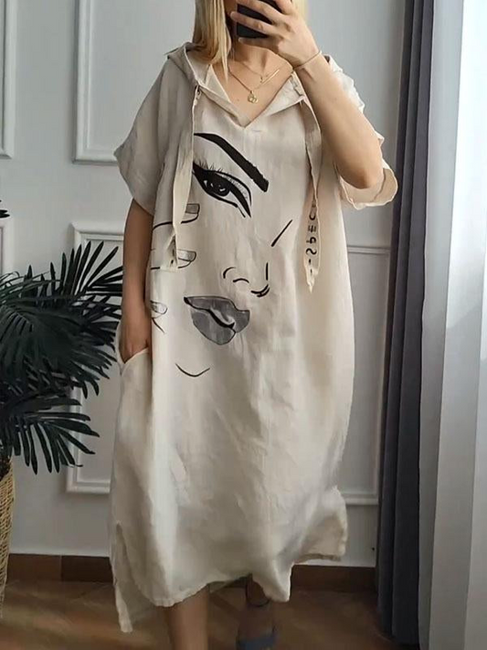 Casual Loose Hoodie Dress with Face Print