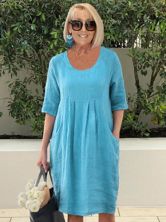 💃HOT SALE - Solid Color Cotton Linen Pockets Tunic Midi Dress