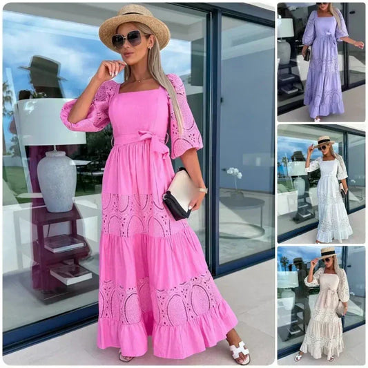 🌷Women’s Trendy Patchwork Tie Waist Square Neck Long Dress